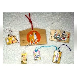 Japanese religious goods - Ema (wooden wish plaques) and omamori (amulets) SET